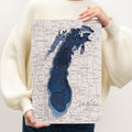 Rustic Lake Michigan wooden wall art map featuring detailed geographic contours