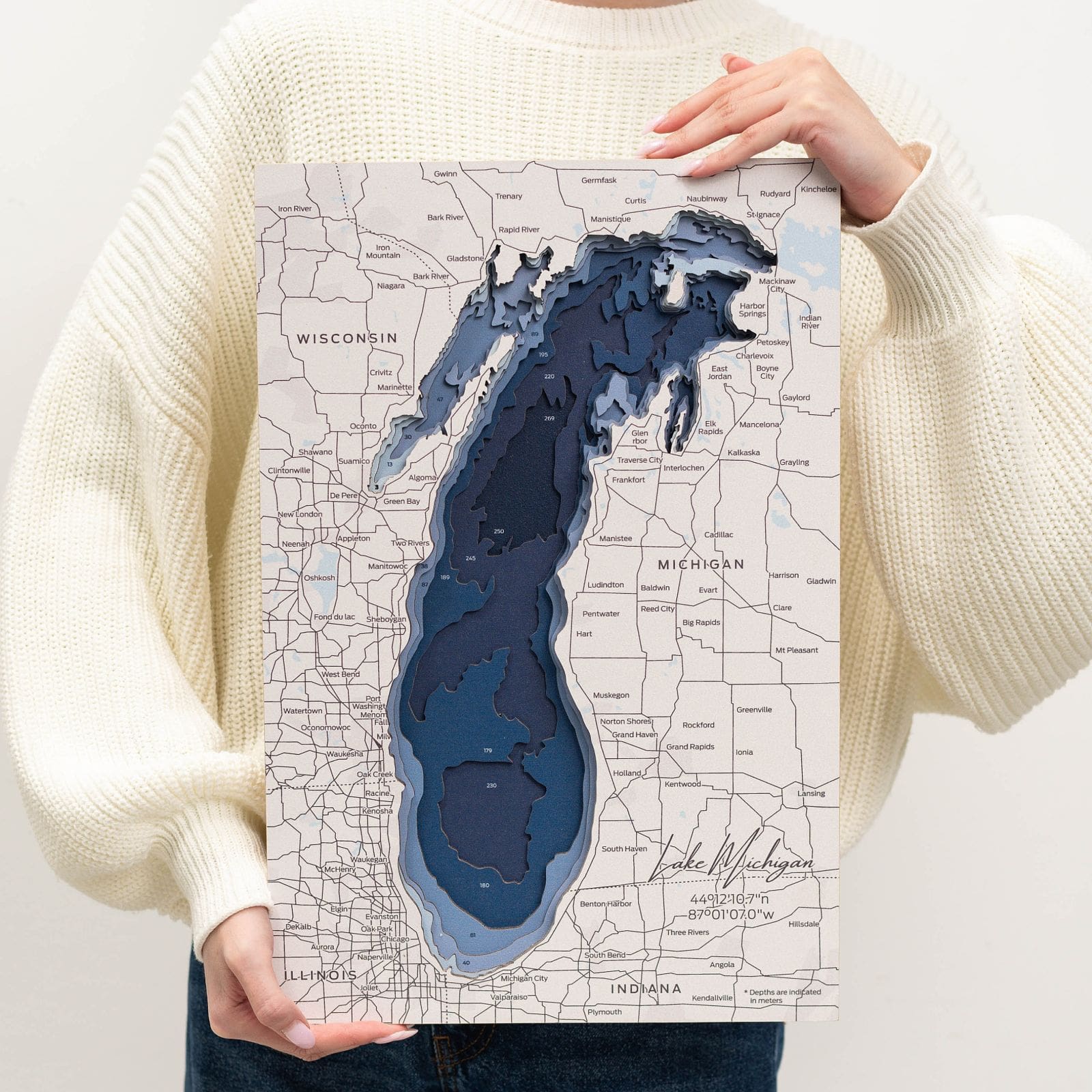 Rustic Lake Michigan wooden wall art map featuring detailed geographic contours
