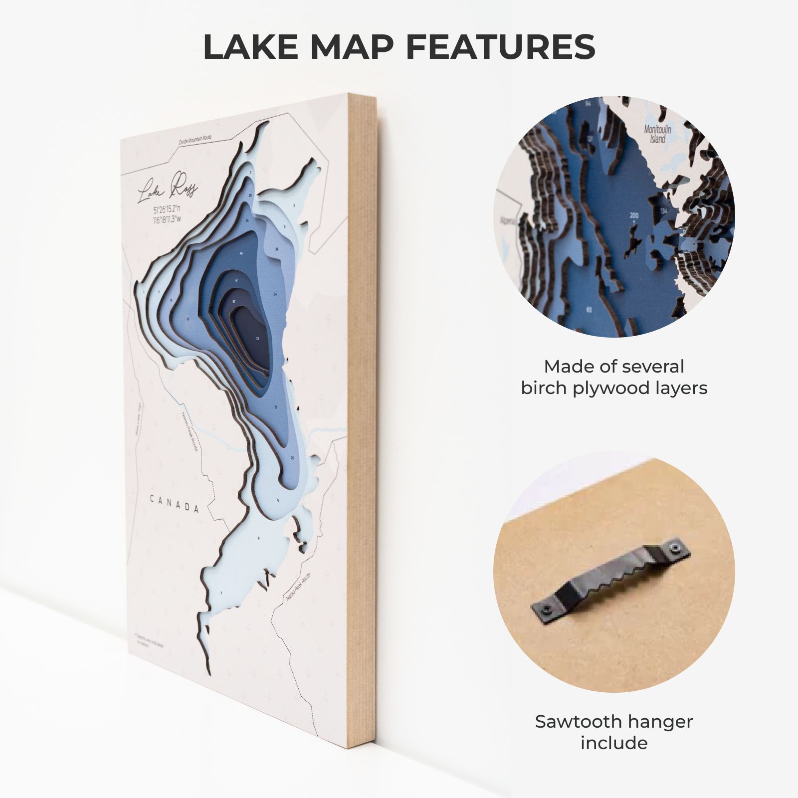 Lake Ross Canada Wooden Map Wall Art Sustainable Home Decor