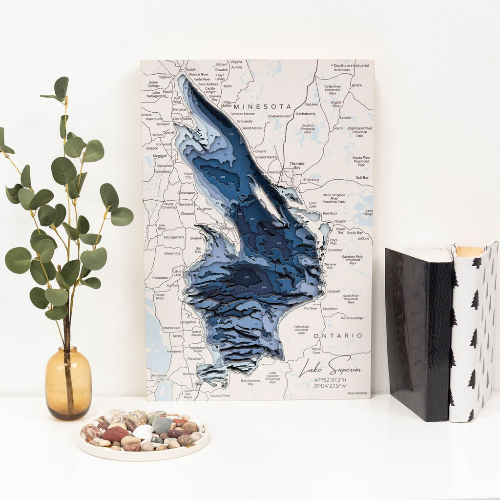Lake Superior Wooden Wall Art – Coastal Nautical Bathymetric Map