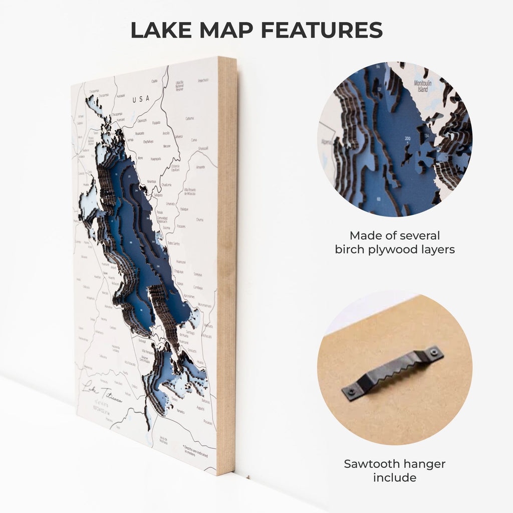 Lake Titicaca Wood Wall Art Modern Nautical Map Decor