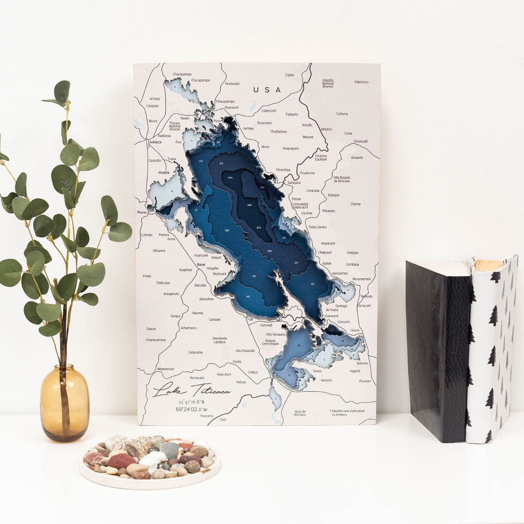 Lake Titicaca Wood Wall Art Modern Nautical Map Decor