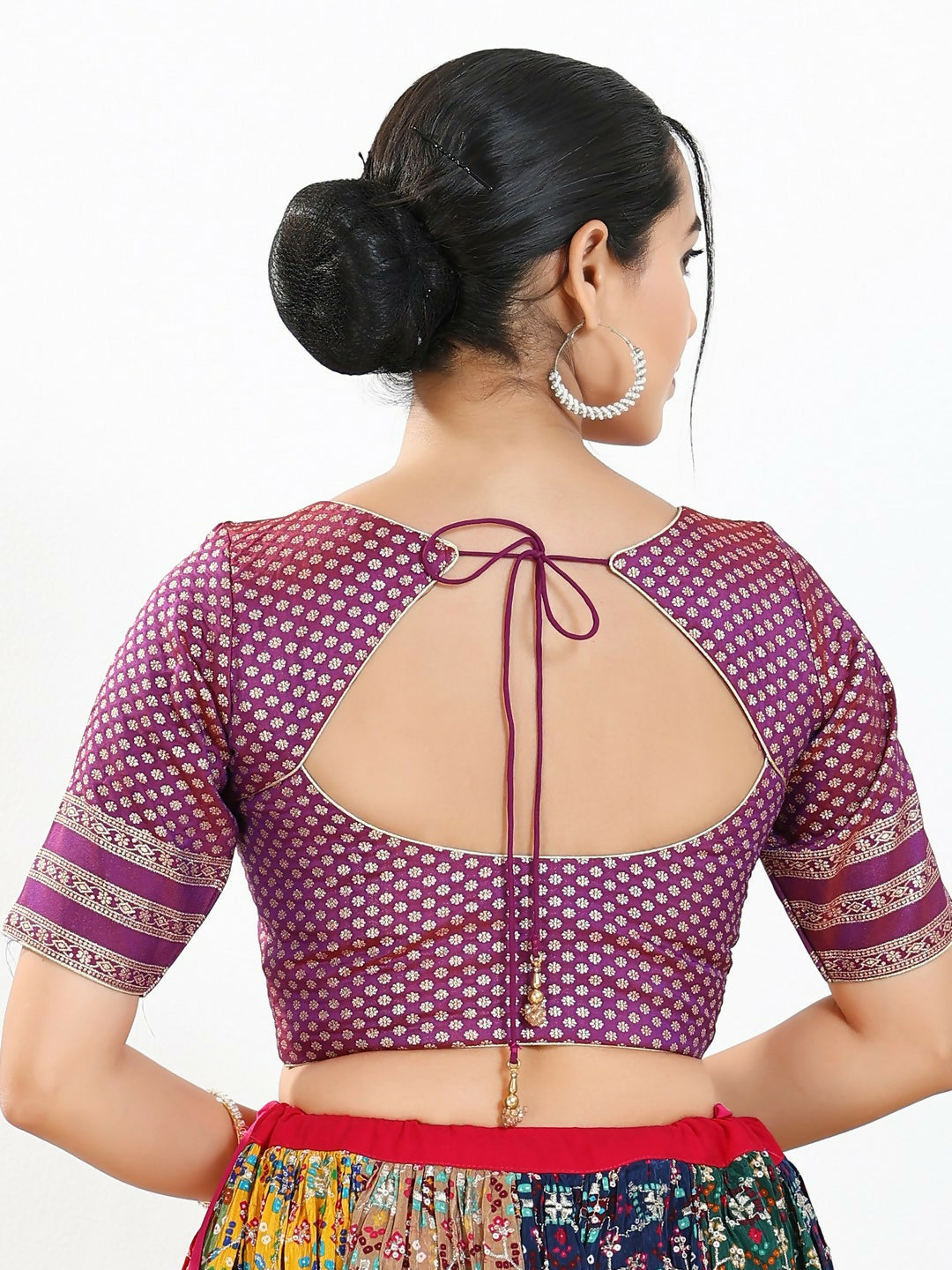 Joban Fashion Purple Brocade Padded Blouse With Round Neck Elbow Sleeves