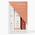 L'ANZA Healing Volume Trio Hair Kit featuring thickening shampoo, conditioner, and root effects mousse in white and copper packaging.