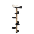 Sleek large black multi-level cat tree with sisal-wrapped scratching posts and soft felt platforms.