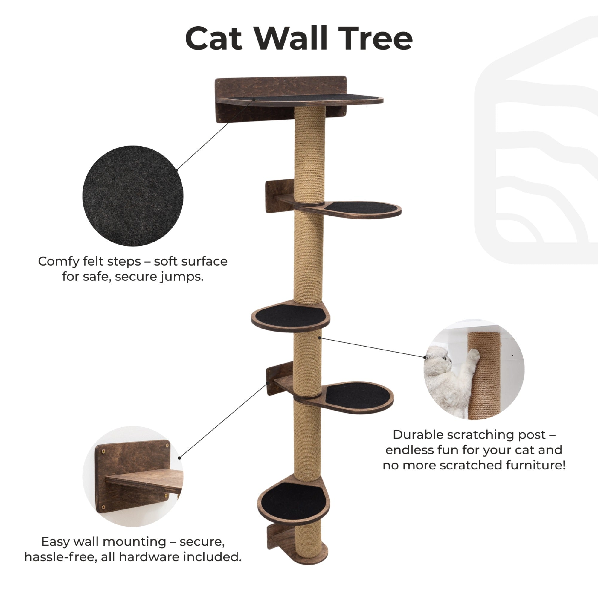 Large Cat Tree in Dark Walnut – Modern Minimalist Wall-Mounted Cat Tower