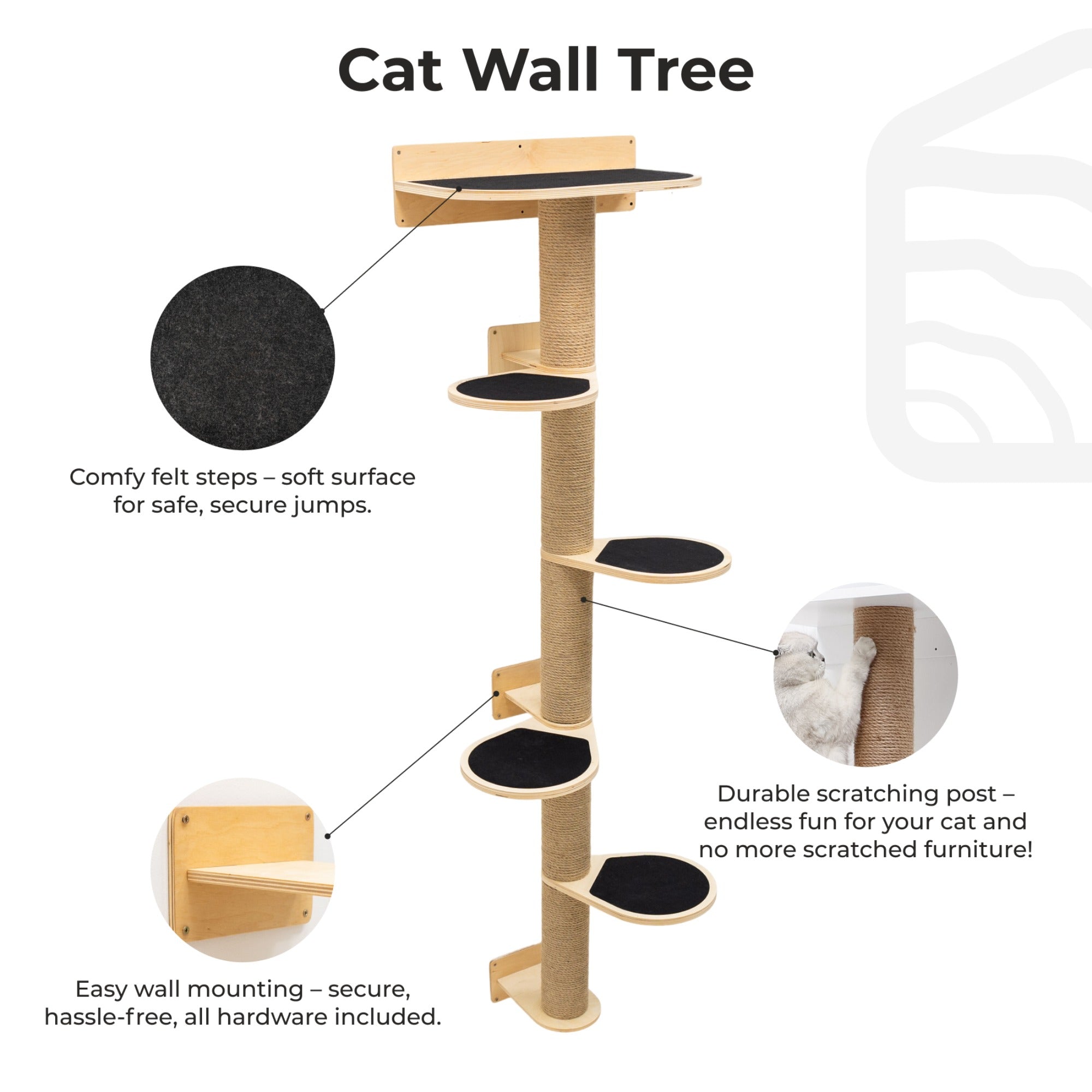 Large Modern Cat Tree – Light Wood Finish Wall-Mounted Pet Tower