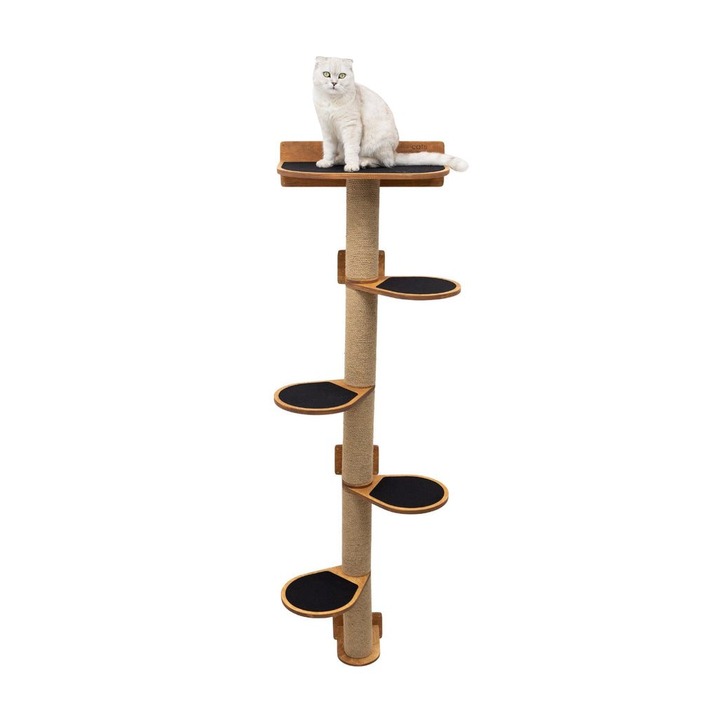 A large multi-level oak-colored cat tree with a sisal-wrapped scratching post and soft felt resting platforms.