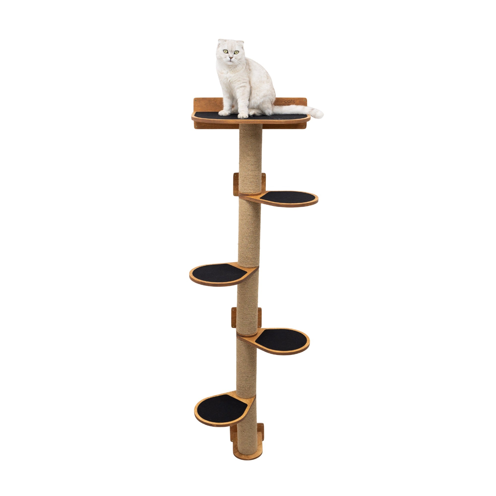 A large multi-level oak-colored cat tree with a sisal-wrapped scratching post and soft felt resting platforms.