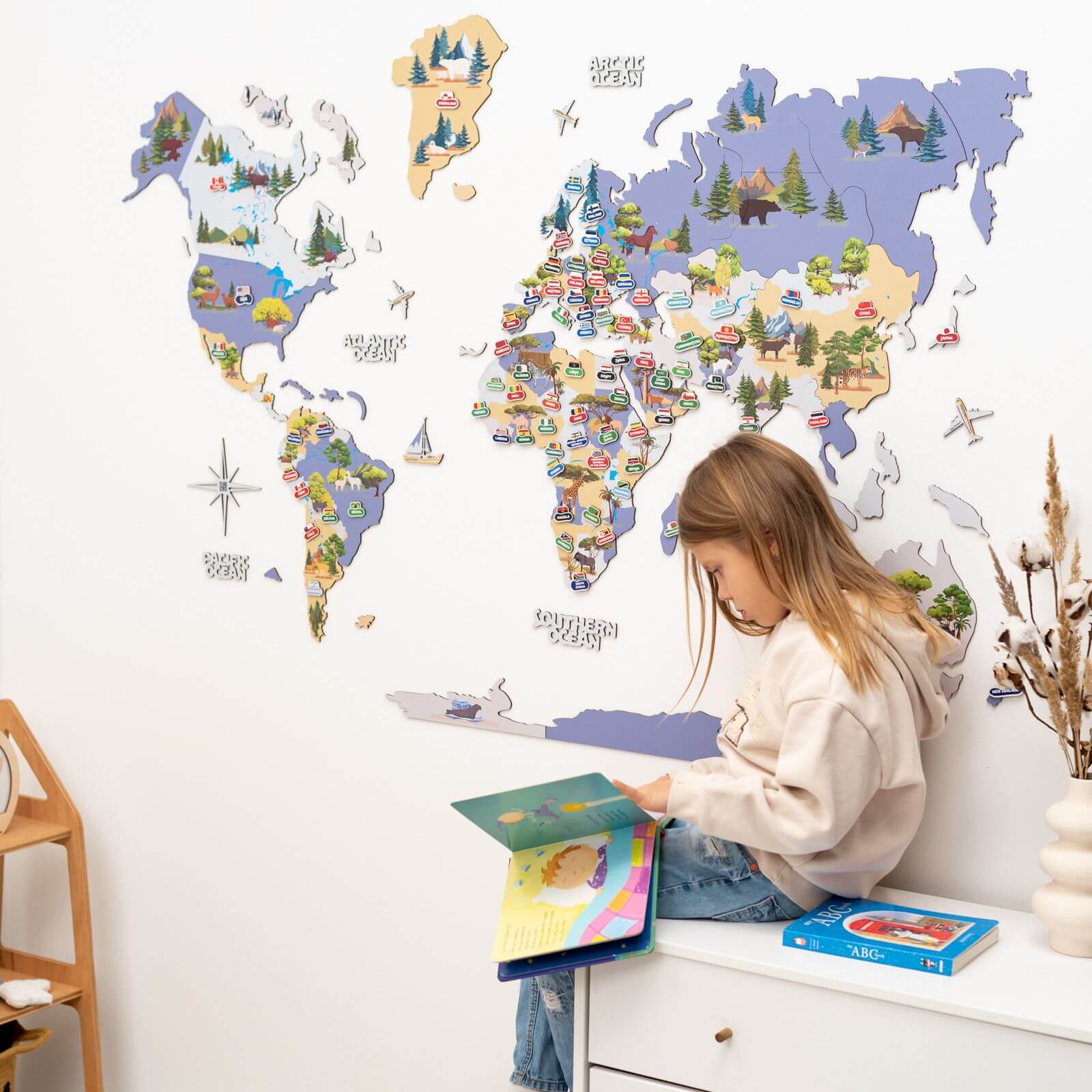Interactive Animal World Map Wall Decor for Kids Nursery