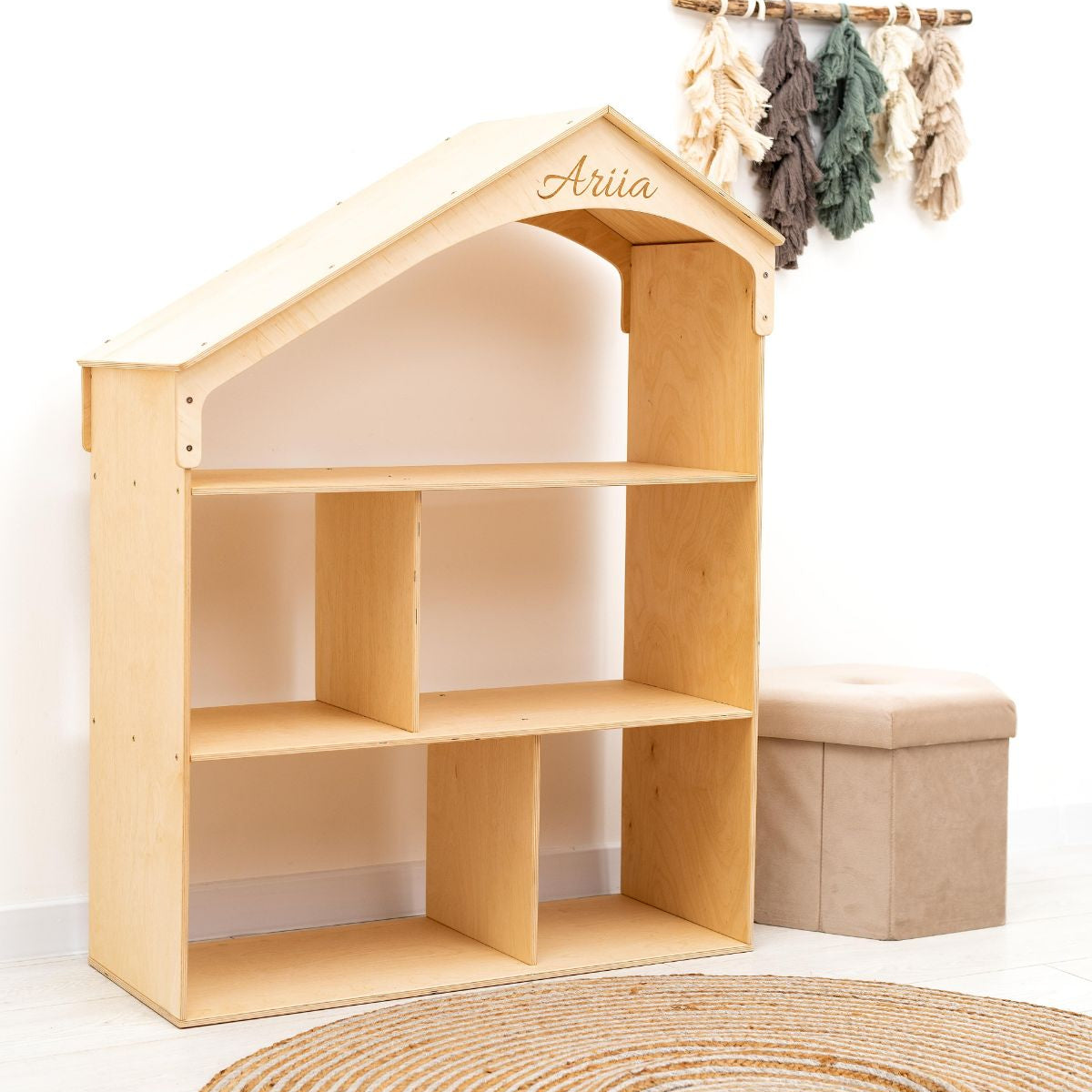 Wooden Dollhouse Bookshelf - Minimalist Scandi Storage for Kids