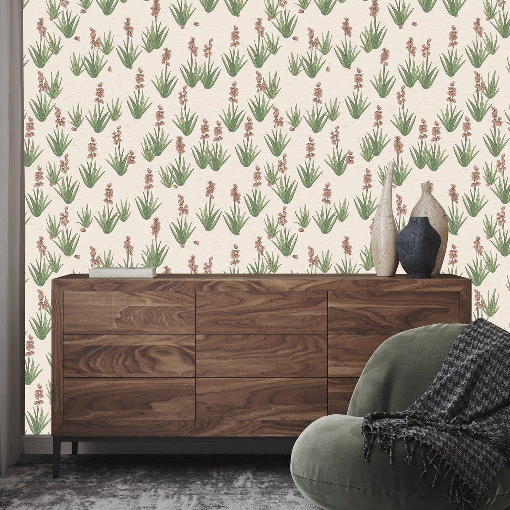 Floral Yucca wallpaper in cream, sage green, and muted mauve