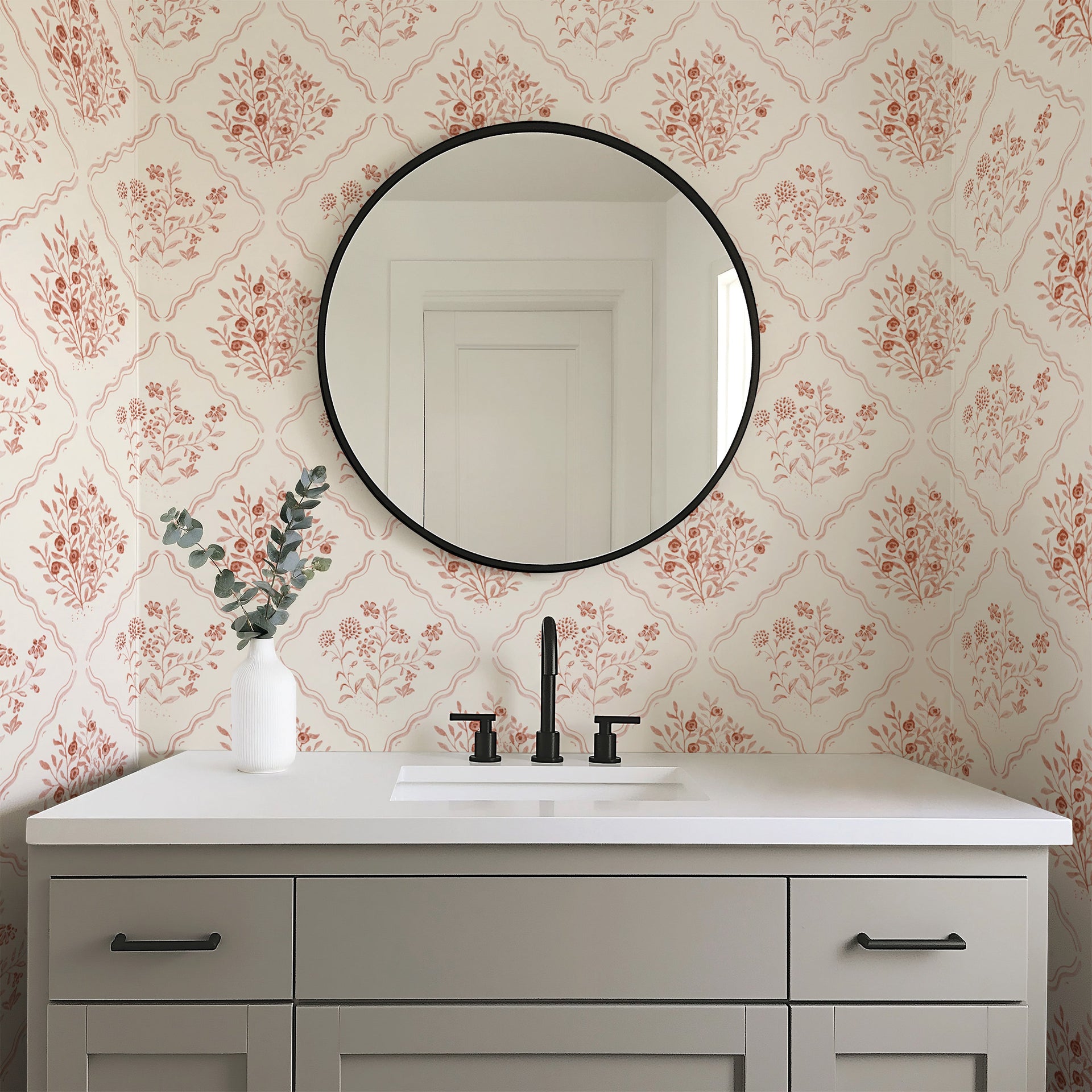 Kaylum floral wallpaper in cream and terracotta tones for a boho-inspired room