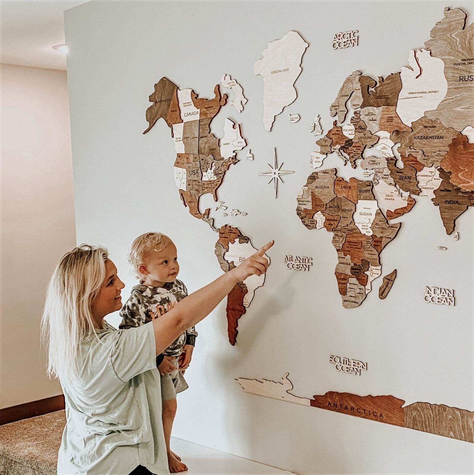 Modern Wooden World Map Wall Decor in Brown Tan and Beige