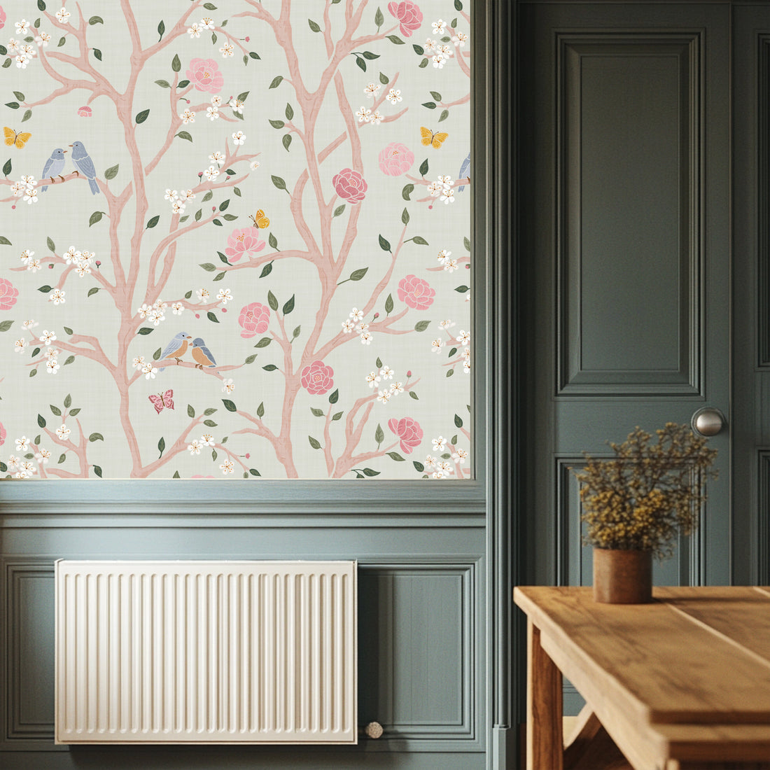 Lockie Floral Wallpaper - Sage Green and Pale Pink Chinoiserie