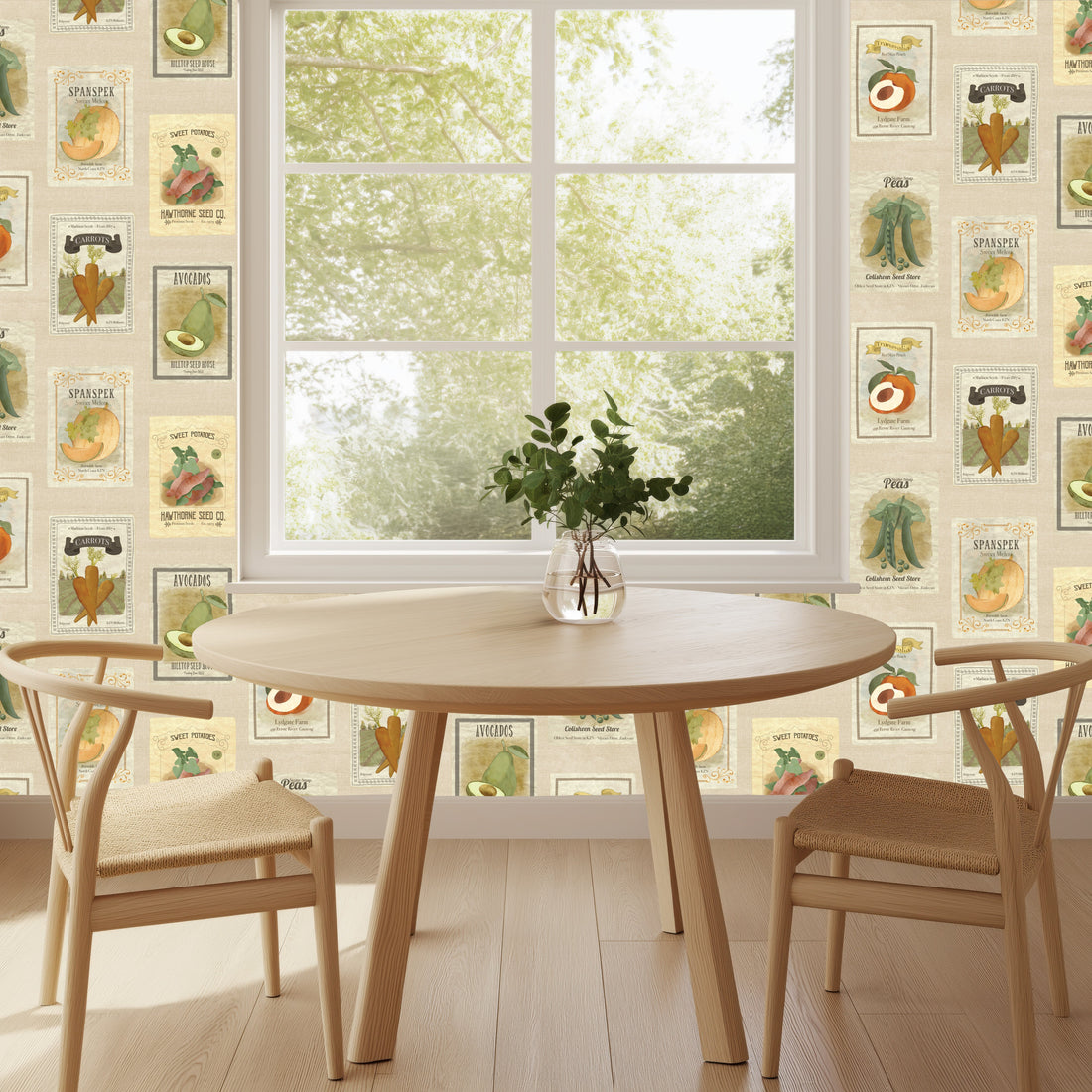 Martha rustic wallpaper in beige, brown, green, and orange floral patterns