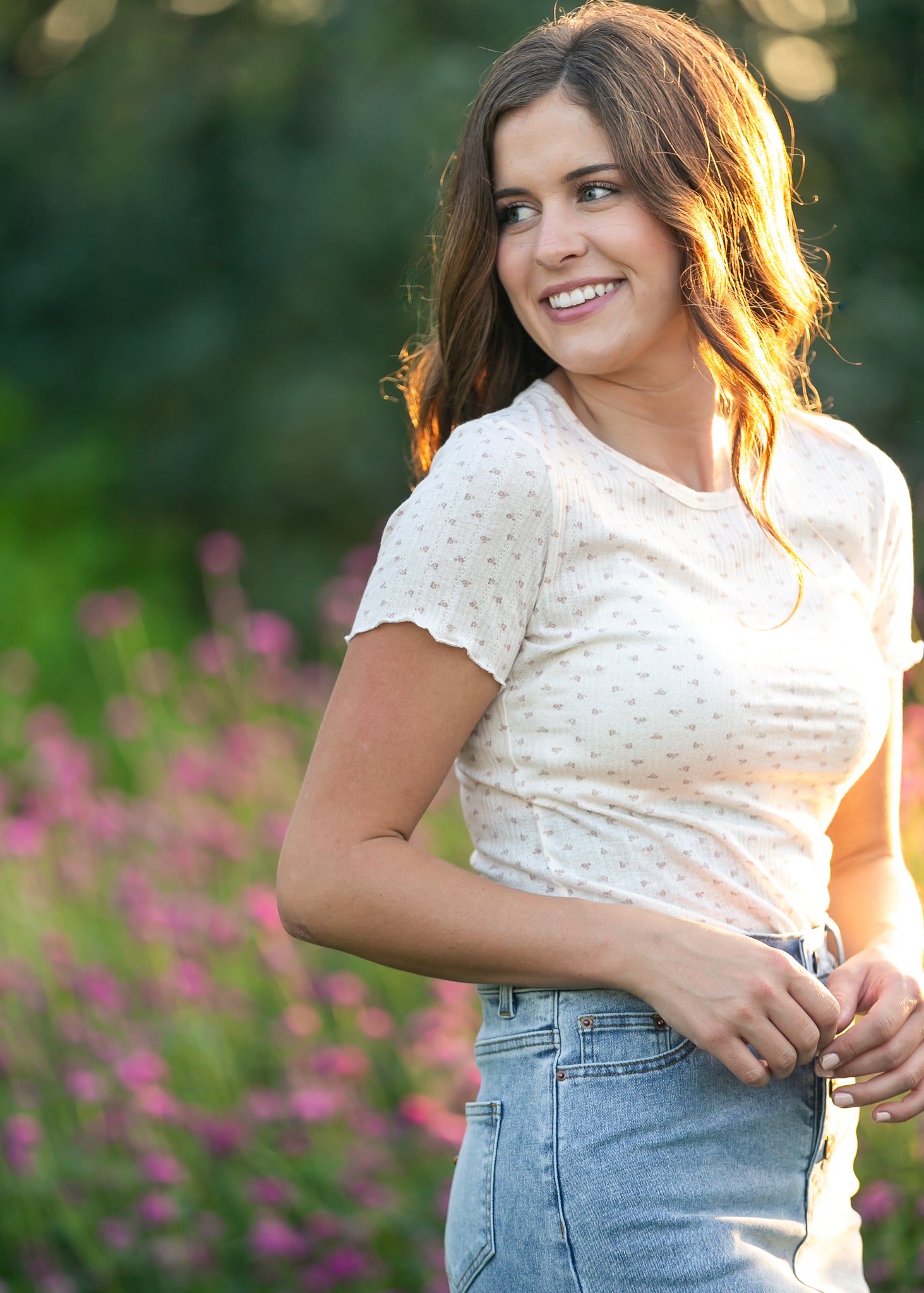 Larza Taupe Floral Lettuce Hem Ribbed Knit Top