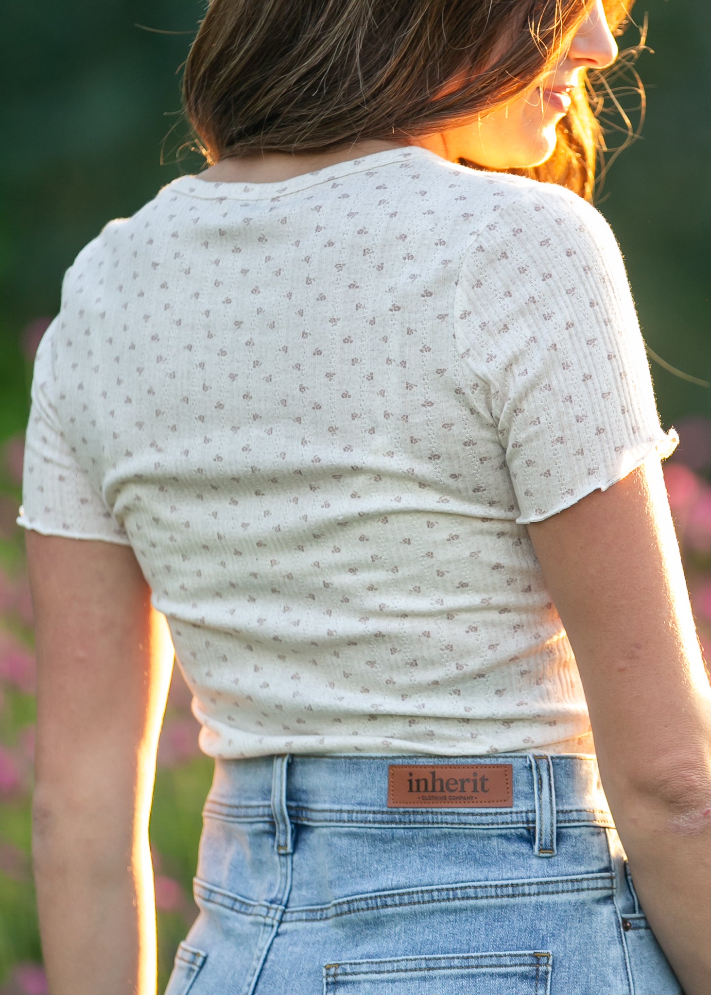 Larza Taupe Floral Lettuce Hem Ribbed Knit Top