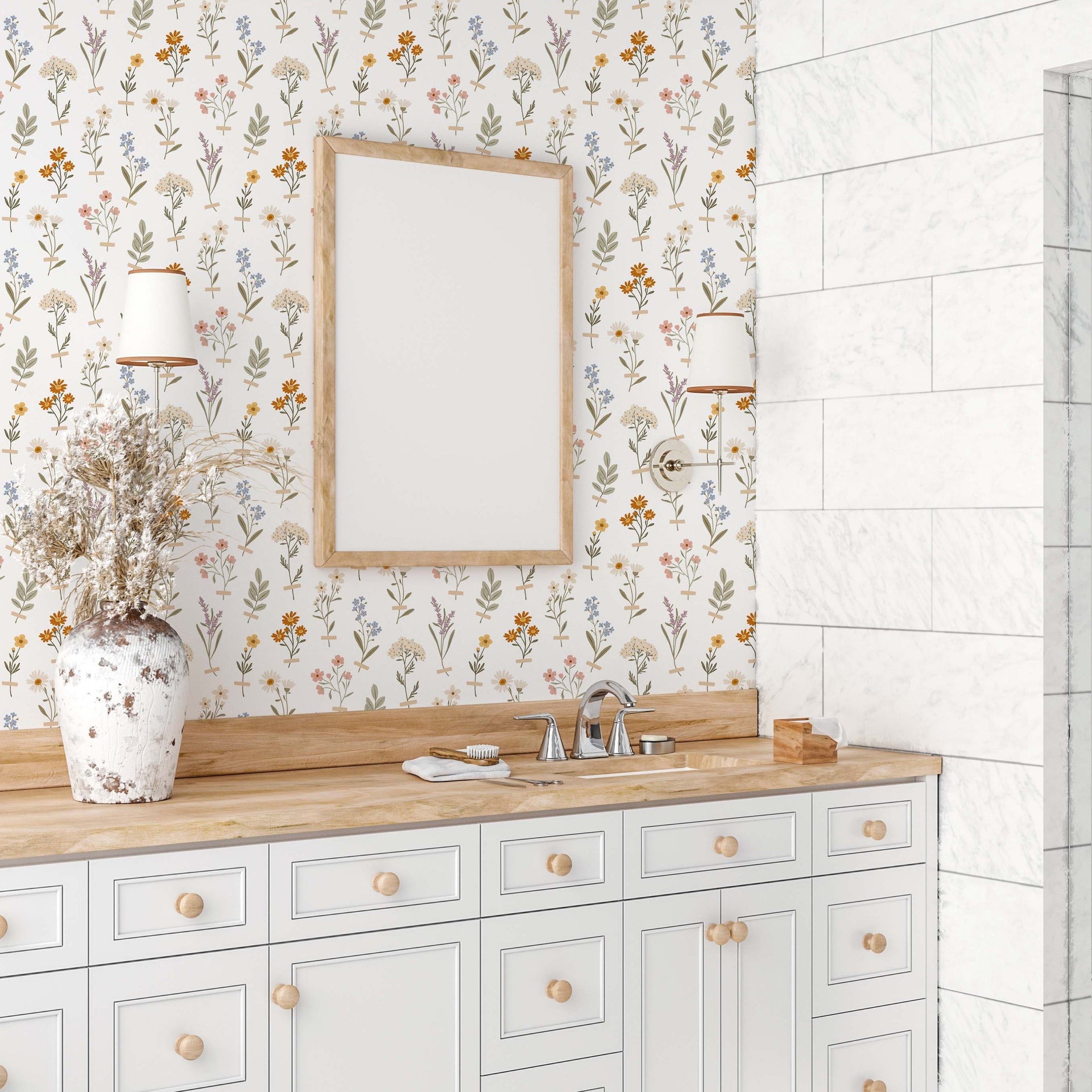 Laurence Floral Removable Wallpaper in Sage-Green and Terracotta