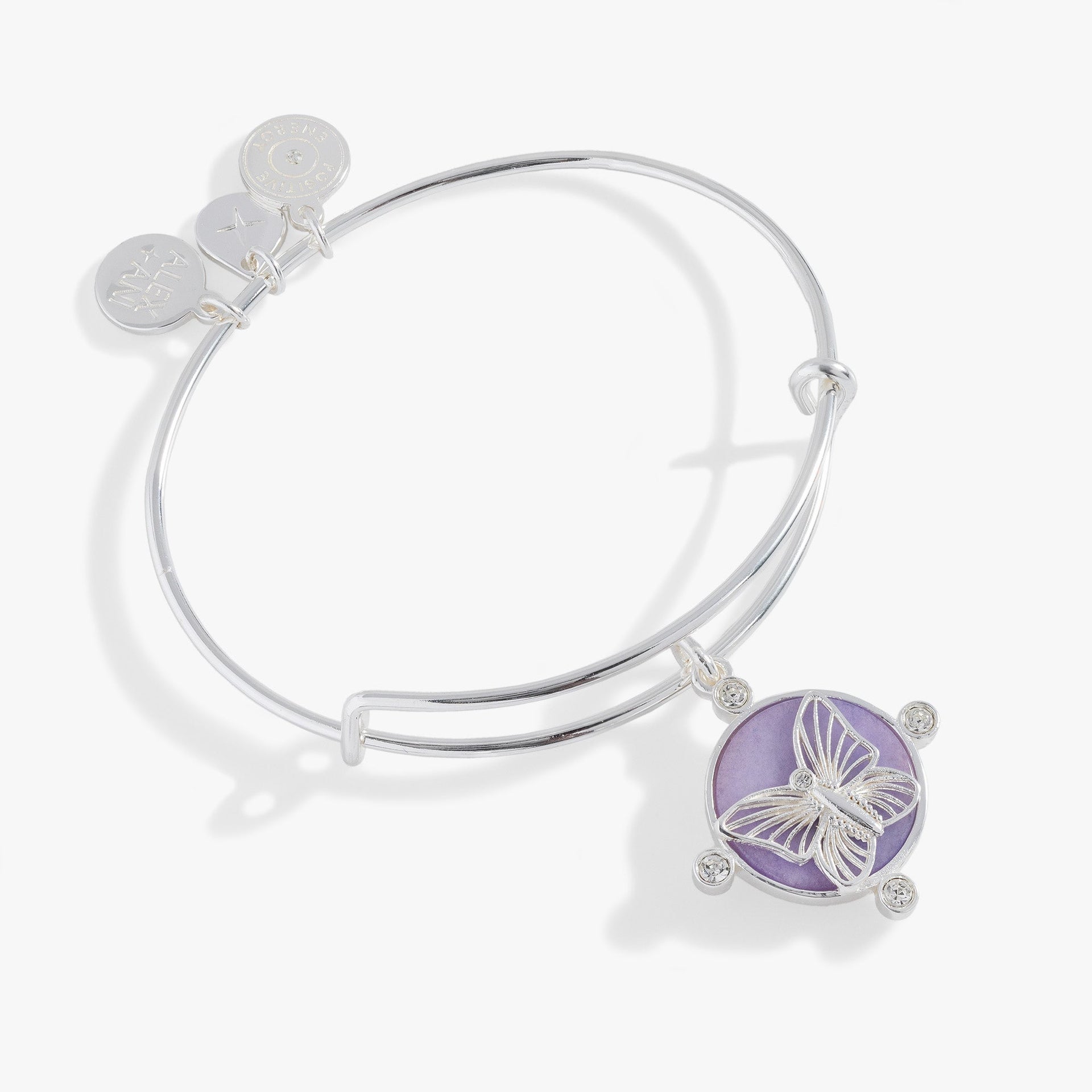 Lavender Butterfly Charm Bangle featuring a purple-dyed jade stone and butterfly charm