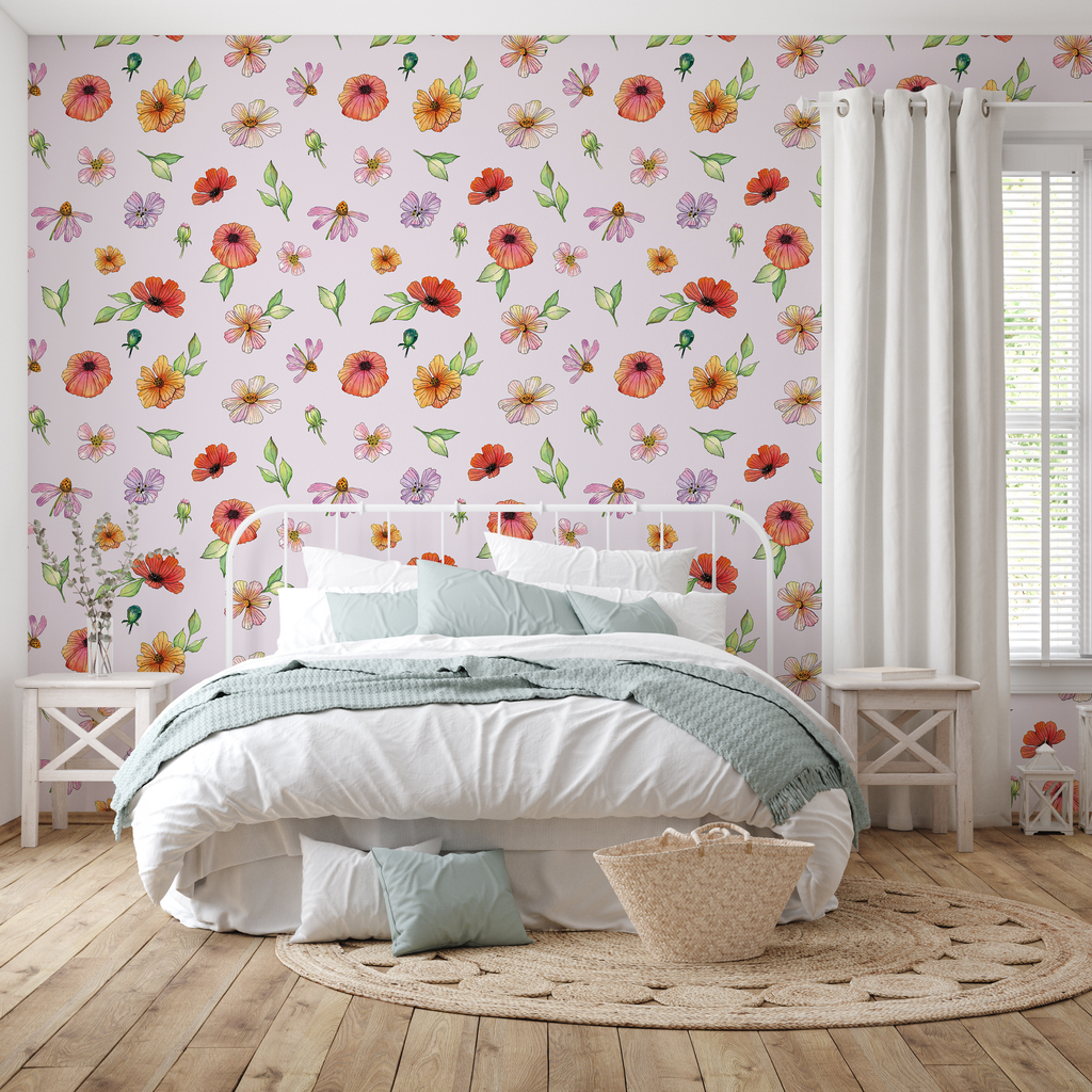 Amy Bohemian Floral Removable Wallpaper - Pink Orange and Yellow