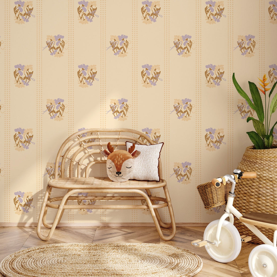 Floral Kate wallpaper in cottagecore style with cream, muted-pink, sage-green, and tan colors.