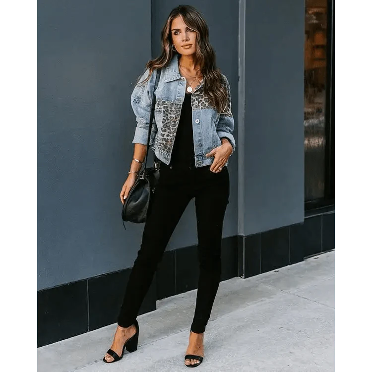 Girls Trendy Denim Jacket with Leopard Print Stitching & Lapels