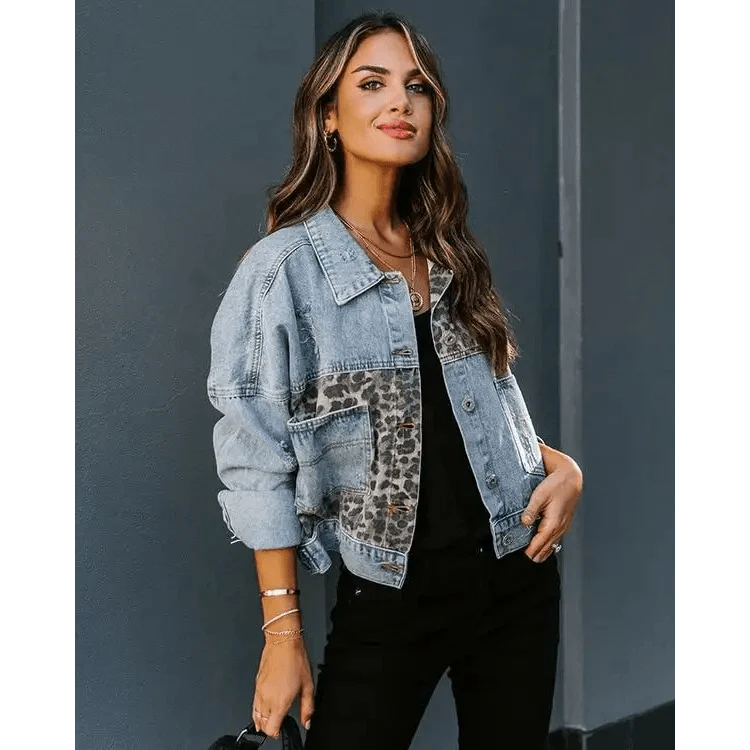 Girls Trendy Denim Jacket with Leopard Print Stitching & Lapels