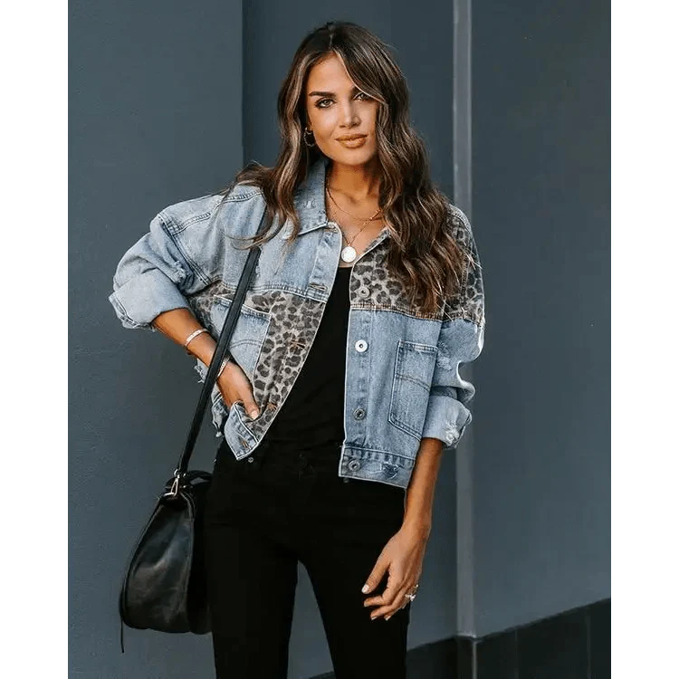 Girls Trendy Denim Jacket with Leopard Print Stitching & Lapels