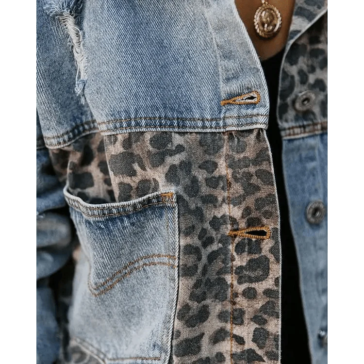 Girls Trendy Denim Jacket with Leopard Print Stitching & Lapels