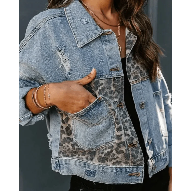 Girls Trendy Denim Jacket with Leopard Print Stitching & Lapels
