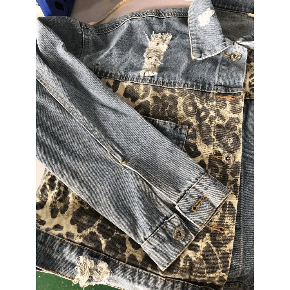 Girls Trendy Denim Jacket with Leopard Print Stitching & Lapels