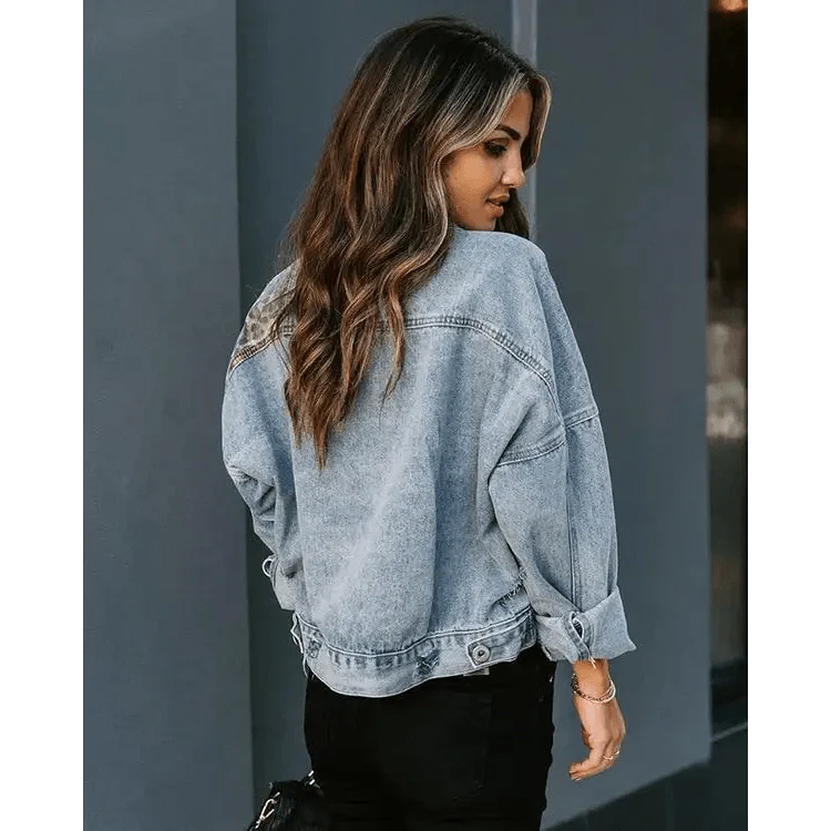 Girls Trendy Denim Jacket with Leopard Print Stitching & Lapels