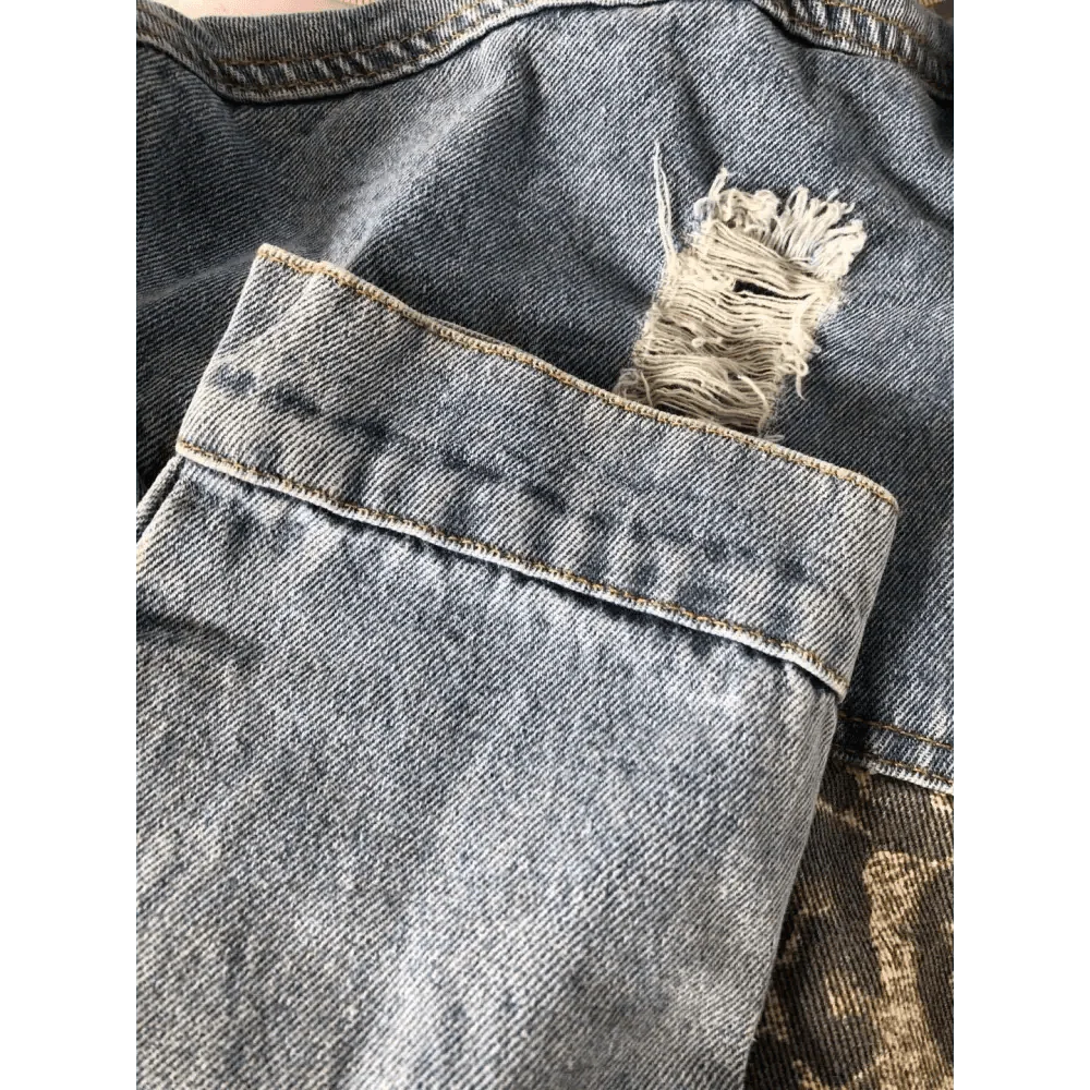 Girls Trendy Denim Jacket with Leopard Print Stitching & Lapels