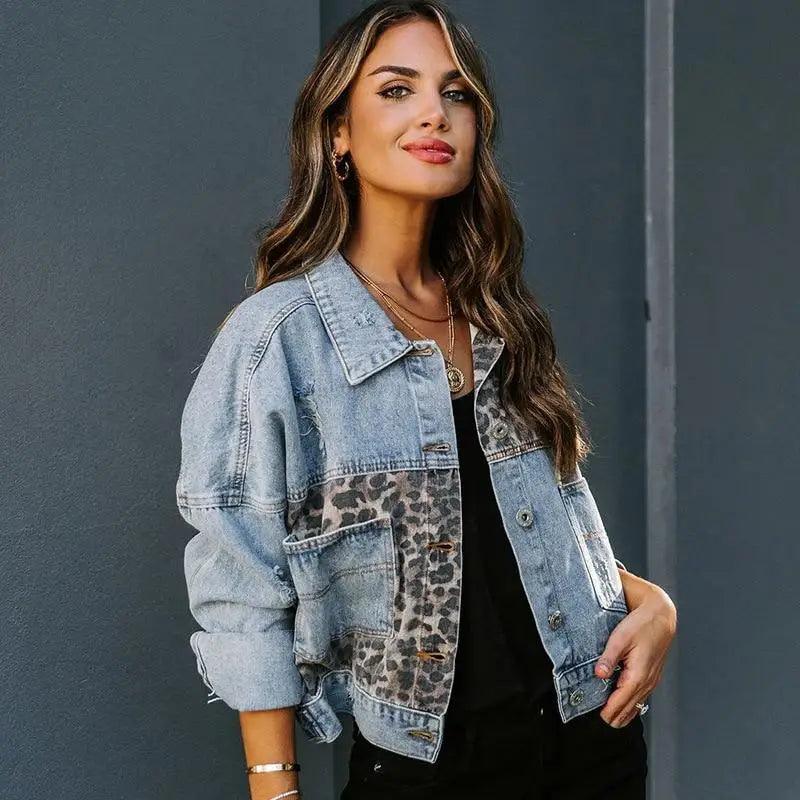 Girls Trendy Denim Jacket with Leopard Print Stitching & Lapels