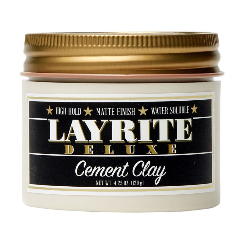 Layrite Deluxe Cement Clay 4oz jar with extreme hold matte finish text