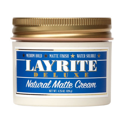 Layrite Deluxe Natural Matte Cream container for hair styling and definition