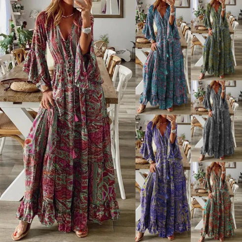 Women's Bohemian Floral Maxi Dress - V-Neck