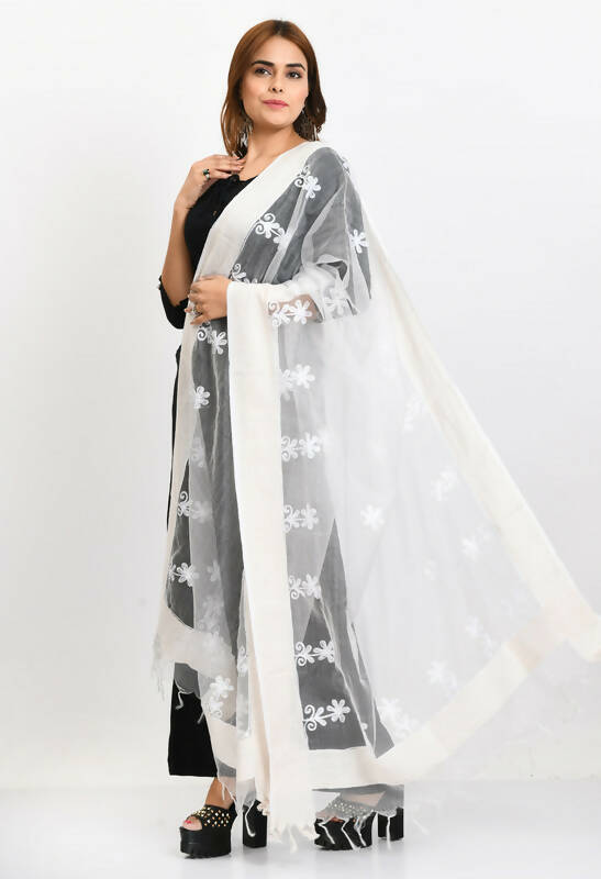 Women's White Organza Dupatta with All Over Chikan Embroidery