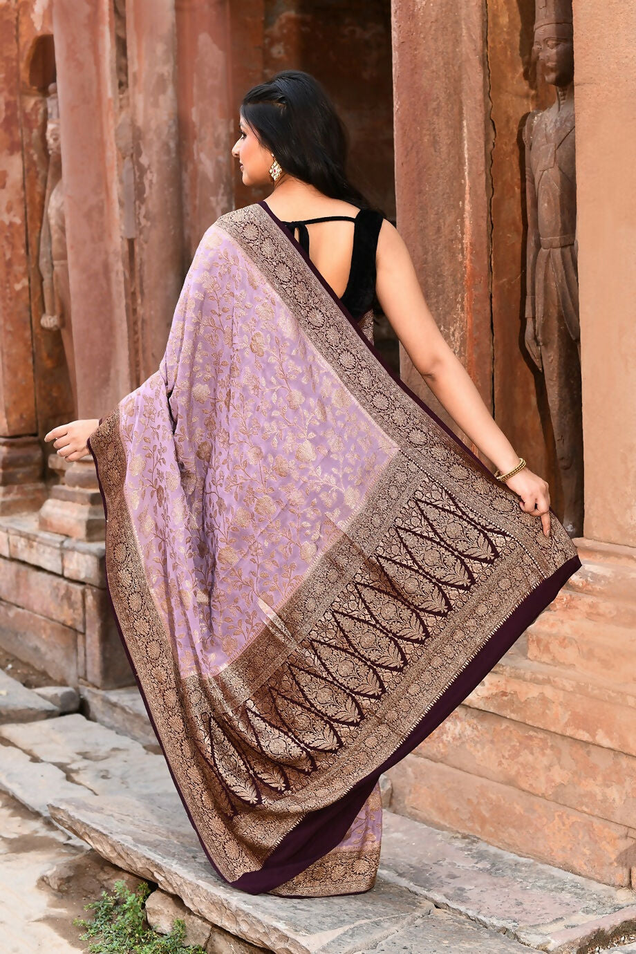 Nude Pink Crepe Chiffon Pure Handloom Banarasi Silk Saree