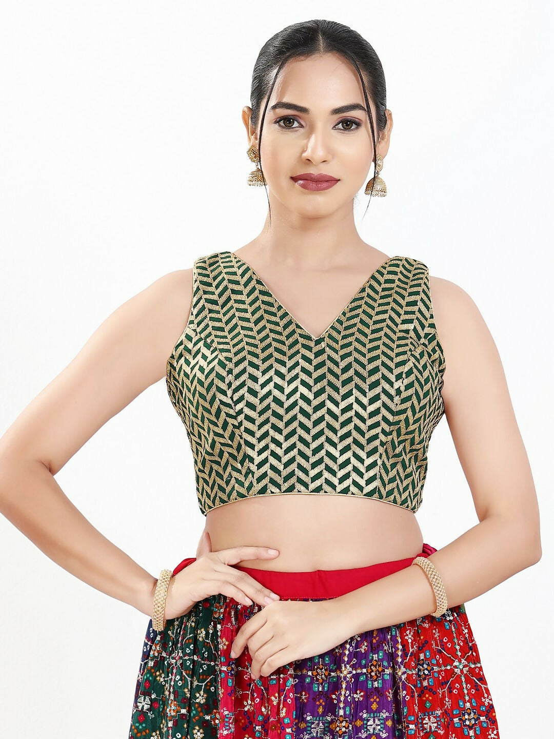 Bottle Green Silk Padded Sweetheart Neck Sleeveless Blouse
