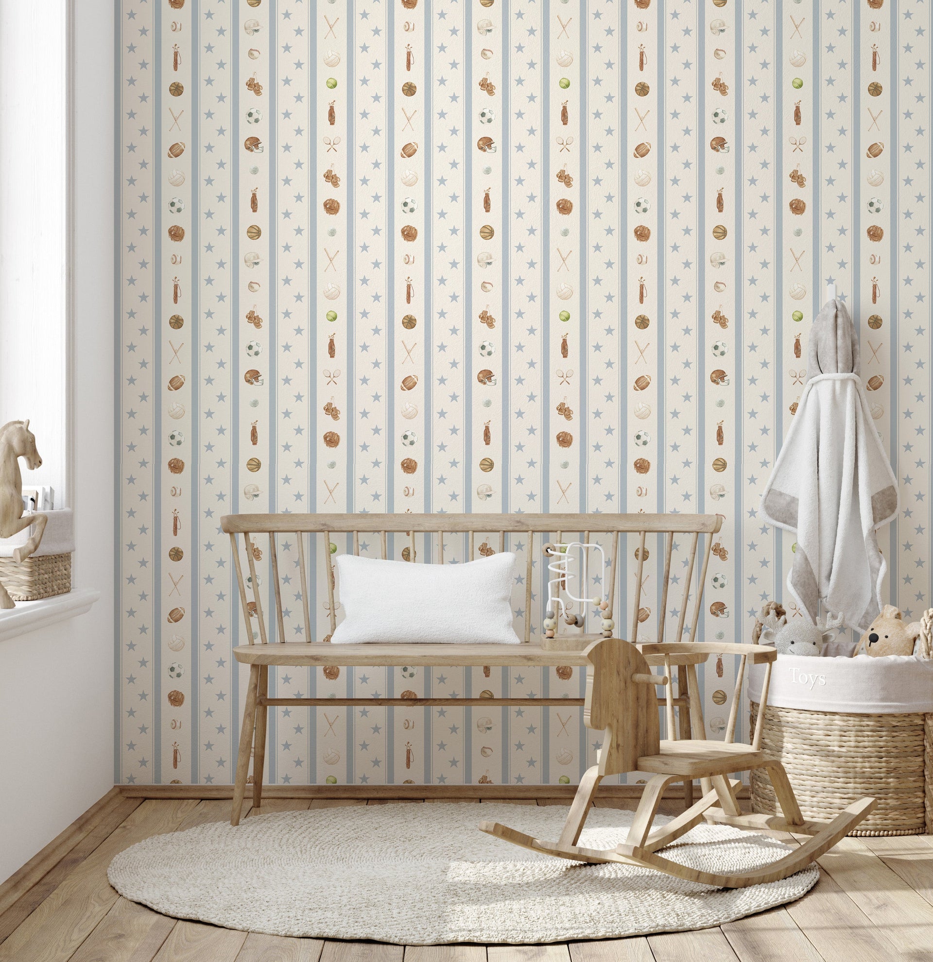 Lawson Striped Wallpaper in Cream, Blue and Brown for Nursery