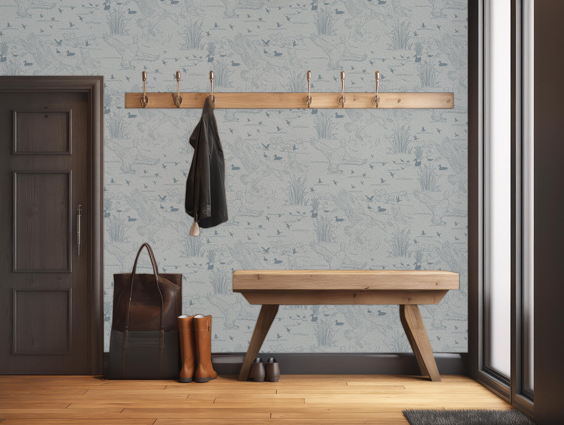 Wallace Patterned Removable Wallpaper in Blue, Olive-Green, White