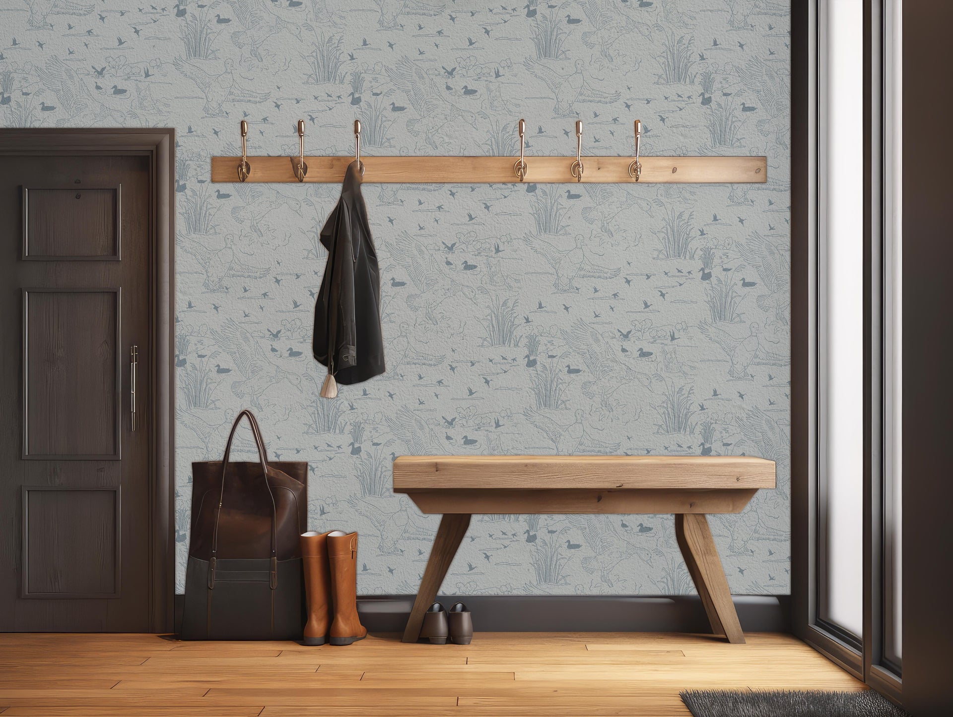 Wallace Patterned Removable Wallpaper in Blue, Olive-Green, White