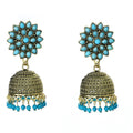 Johar Kamal Kundan work jhumka earrings for girls featuring ornate brass details and vibrant sky blue beads