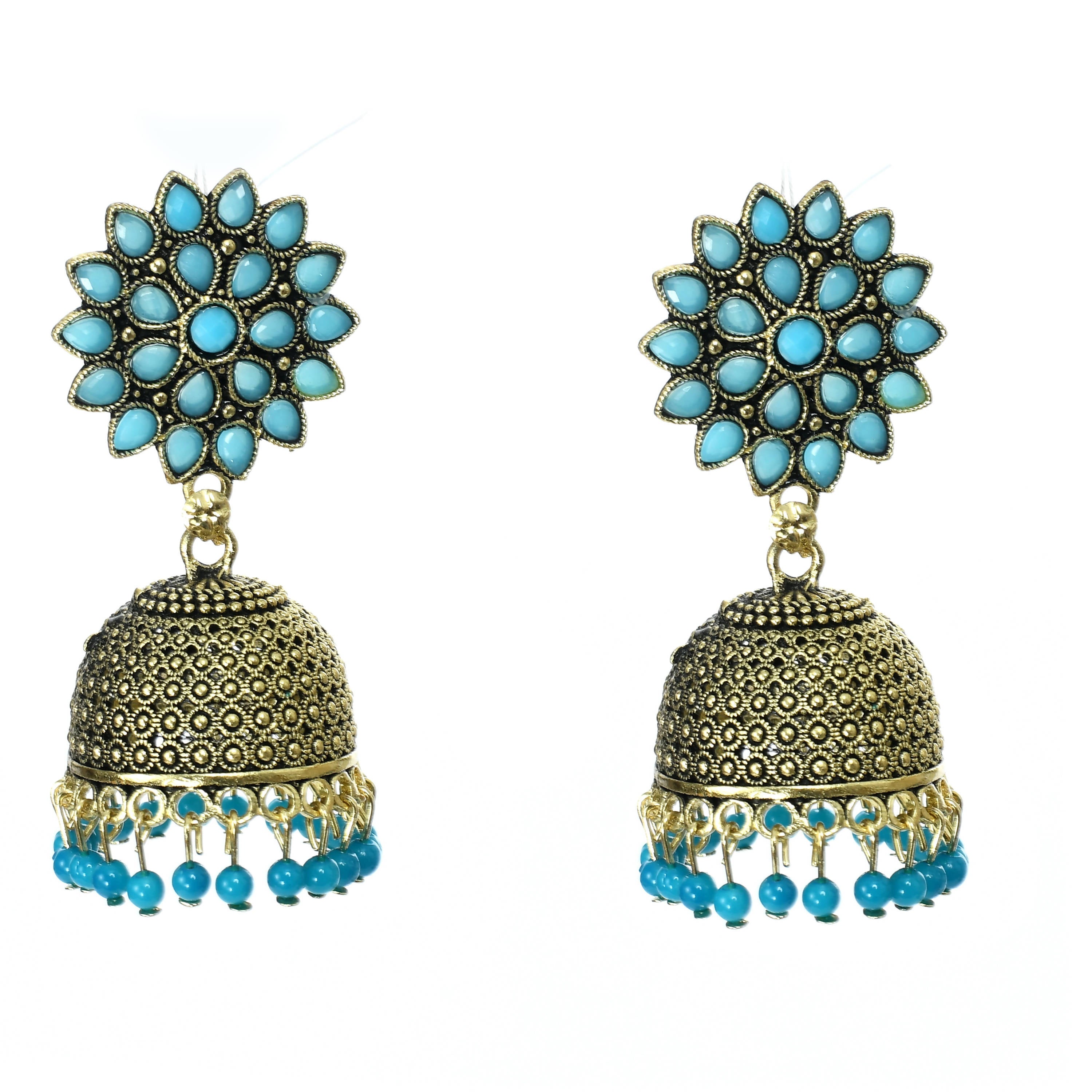 Johar Kamal Kundan work jhumka earrings for girls featuring ornate brass details and vibrant sky blue beads