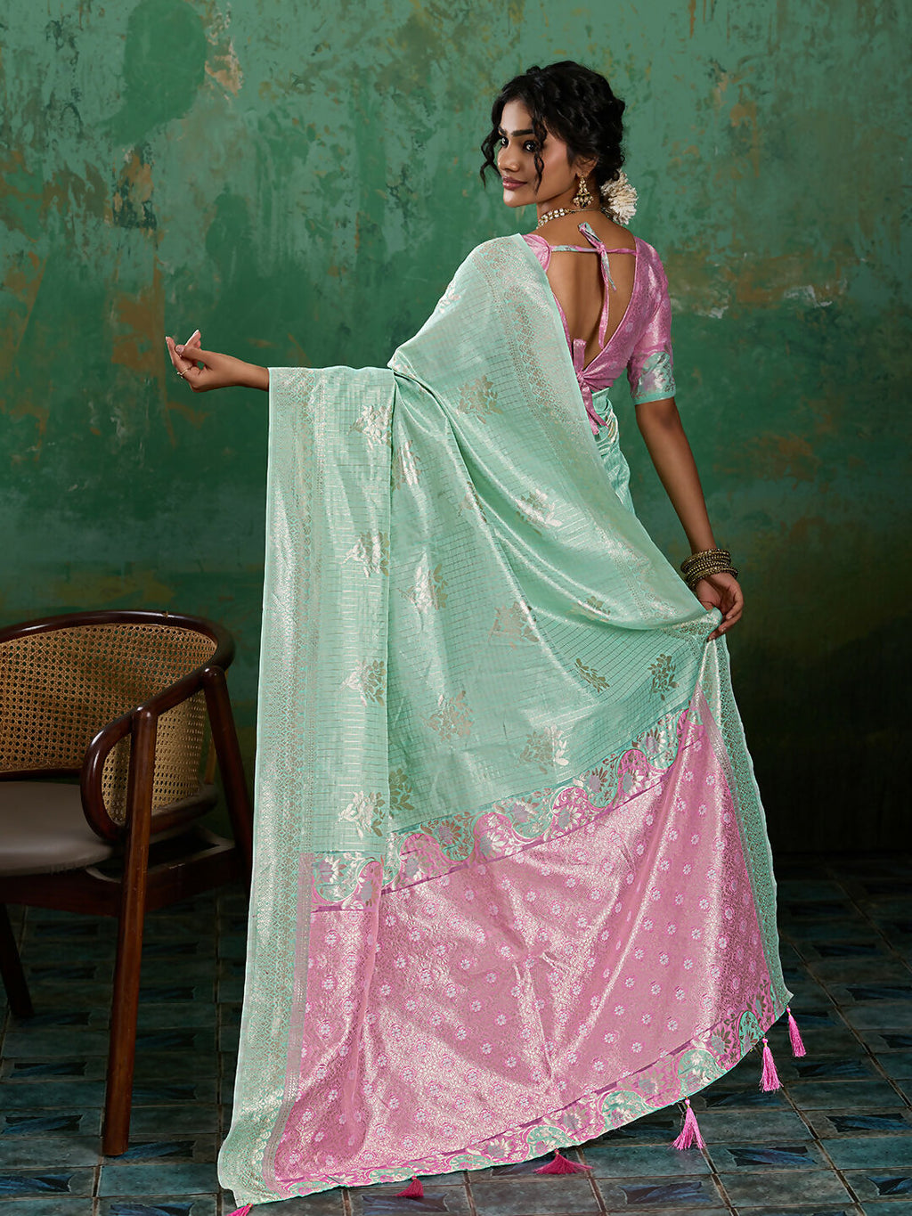 Rama Green Linen Cotton Saree with Matching Blouse