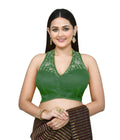 Close up of a vibrant green Art Silk stitched blouse featuring intricate embroidery work