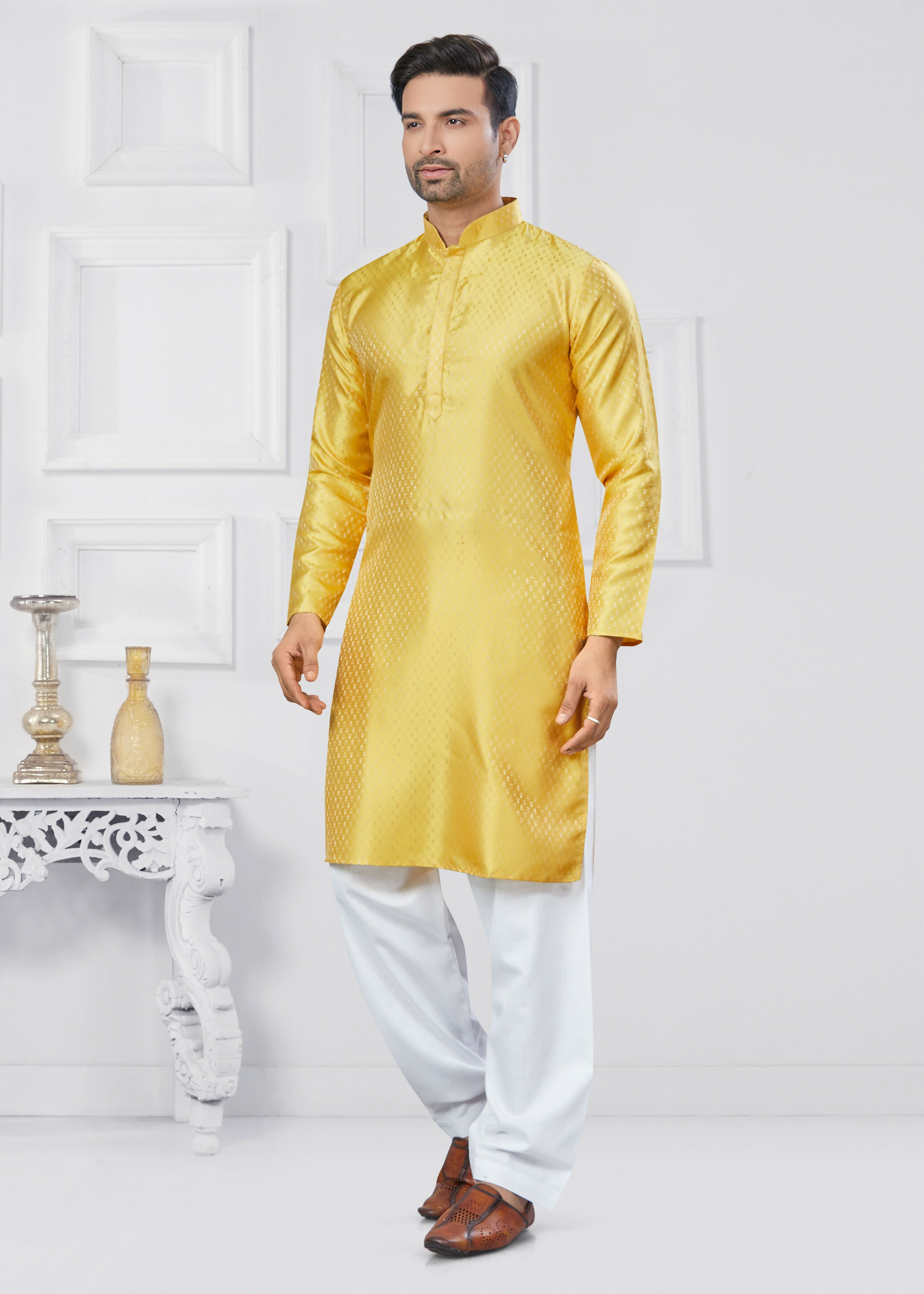 Men's Yellow Jacquard Silk Printed Kurta Pyjama Ethnic Set