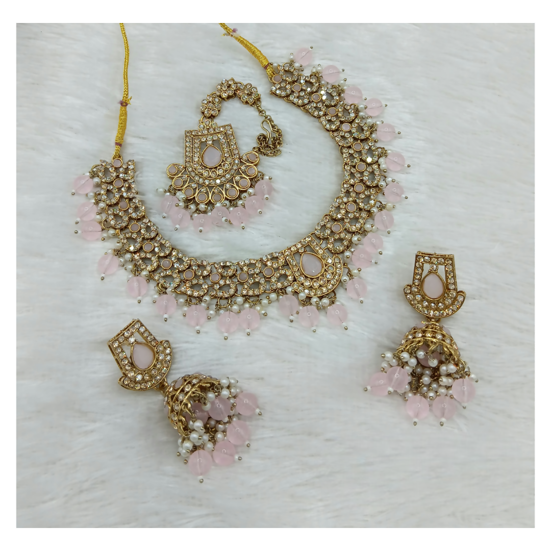 Light Pink Stone Work Necklace Set featuring matching drop earrings